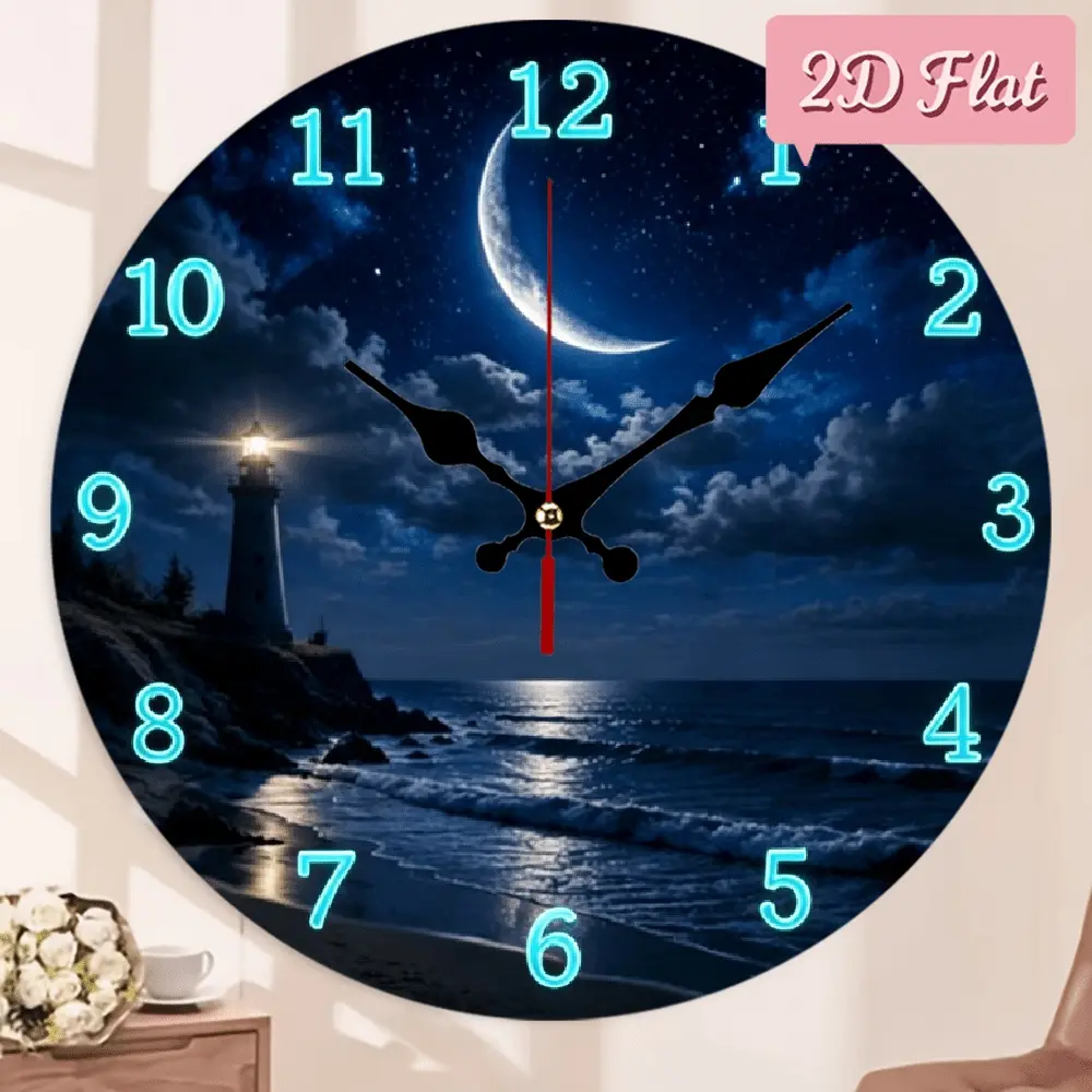10x10 Inch Wood Wall Clock, Glow-in-the-Dark Hands & Face, Silent Battery Operated (No Battery Included), 2D Flat Nursery Night Light for Bedroom Living Room Kitchen Home Decor