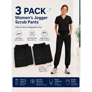 Women's Soft Stretch Fabric High-Waist Fitted Medical Scrub Pants 3-Pack - Ribbed Workwear Uniform Bottoms, Adjustable Drawstring, Cargo Pocket, Zipper for Nurses
