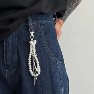 Fashion Imitation Pearl Heart Pants Chain for Women Men Punk Hip-Hop Silver Color Cross Pendant Keychain Party Jewelry Gifts