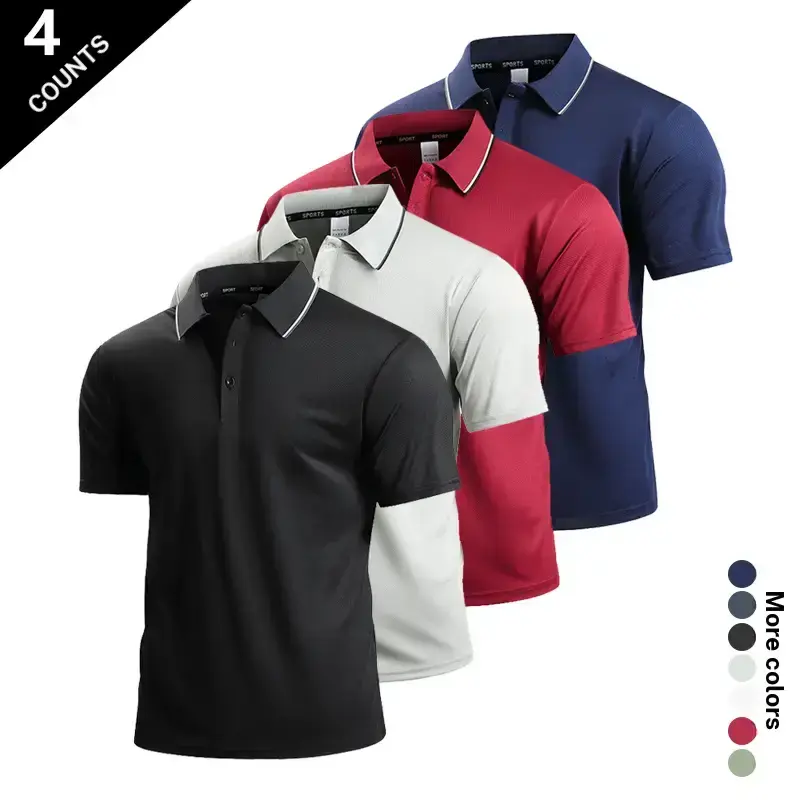 Pack of 4 minimalist business men’s short sleeve polo shirts with contrast piping and a refined design—quick drying, breathable, skin friendly, and wrinkle resistant. Perfect for everyday commuting, work, shopping, casual outings, and summer wear. Availab