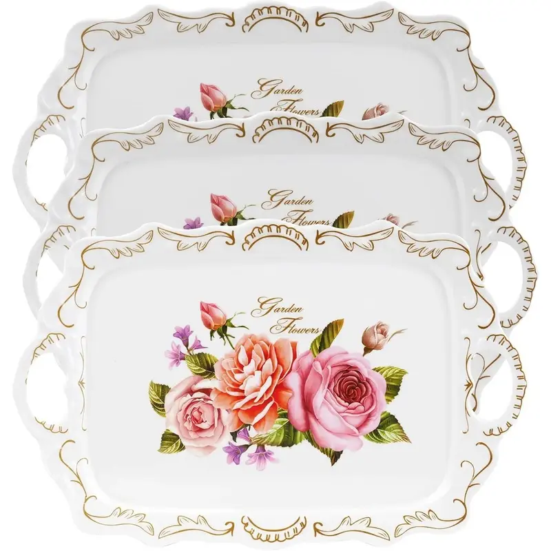 3 Pack Serving Trays with Handles, 16" L x 11" W Rectangular Trays for Eating, Melamine Serving Platters for Party, Floral Trays for Serving , Cookies, Desserts,