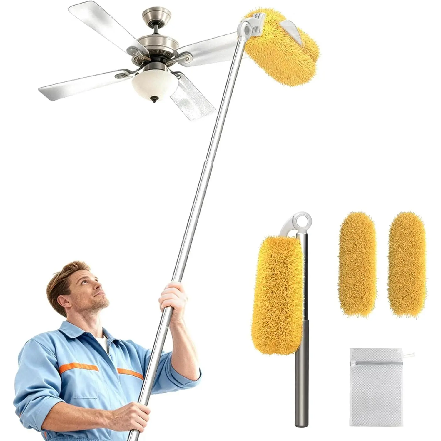 Long Handle Dusters for Cleaning with 2 Replacement Heads, Washable Cleaning Duster Kit with Laundry Mesh Bag, Cobweb Duster, Extendable Dusting Tool for Home and Office