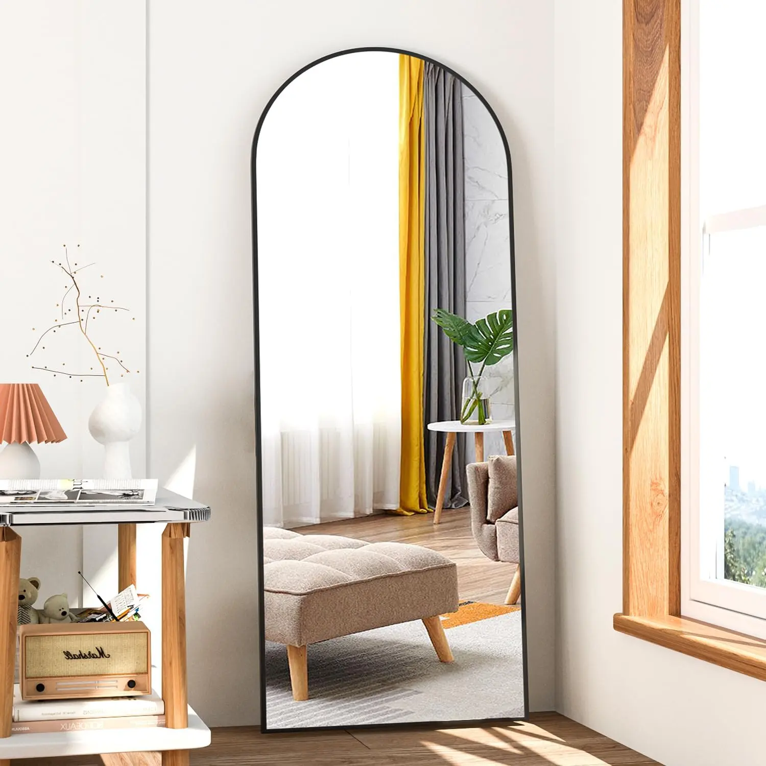 Full Length Mirror, 56"x16" Arch Mirror Floor Mirror with Stand, Black Arched Full  Standing or Leaning Mirrors for Bedroom, Living Room