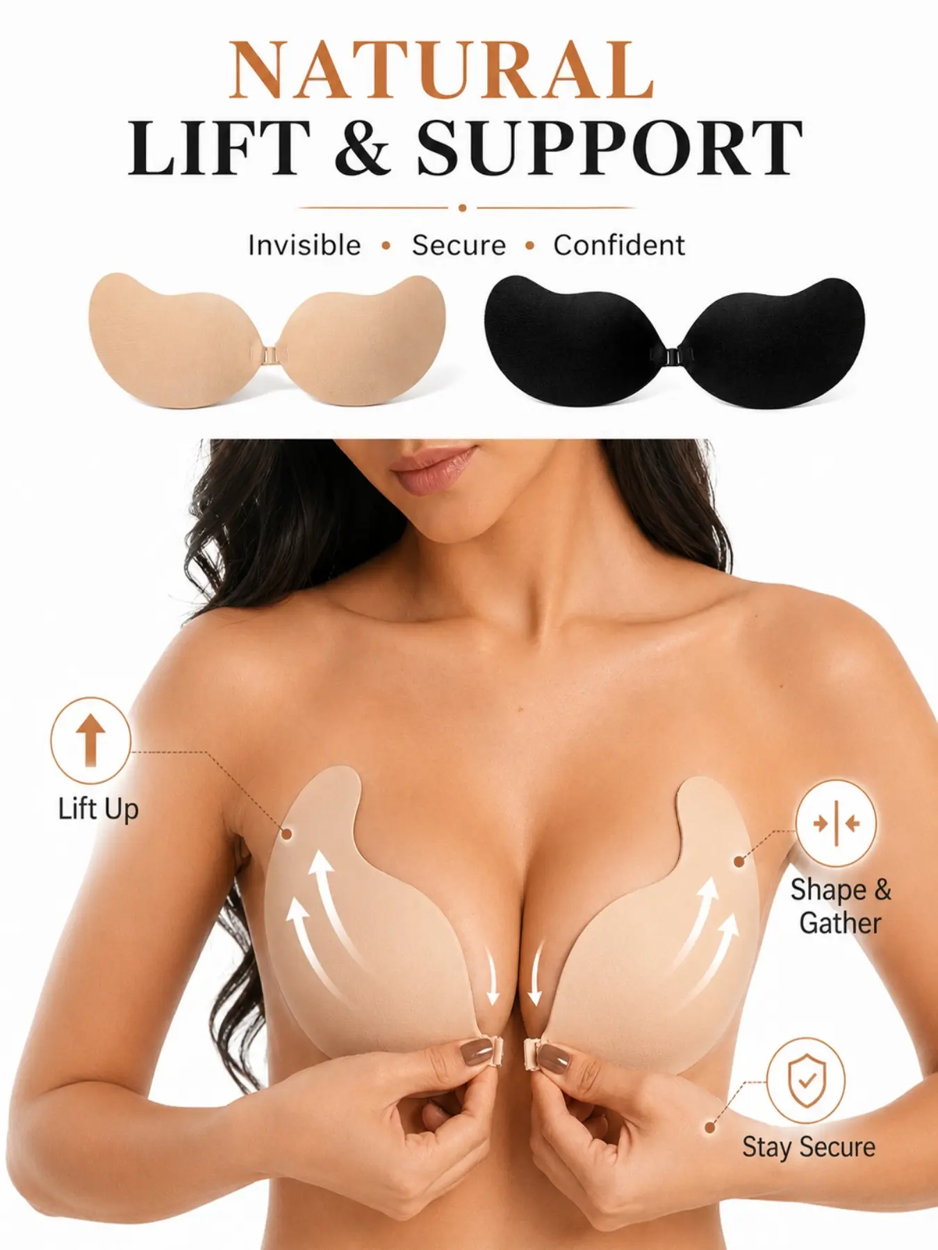 Reusable Invisible Adhesive Bra for Women, Strapless Backless Push Up Sticky Bra with Natural Lift and Secure Hold, Comfortable Bra Cups for Wedding, Cocktail Dress and Everyday Styling, Underwear