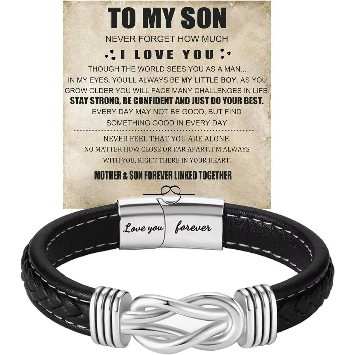 To My Son Infinity Knot Bracelet From Mom, Forever Linked Together Bracelets Stainless Steel Braided Leather Inspirational Bracelets Engraved Jewelry for Birthday Gift Jewelry Braided Bracelets Men Jewelry