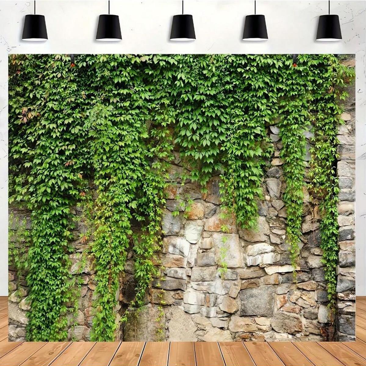 Stone Wall & Leaf Pattern Backdrop, Wall Hanging Backdrop, 1 Count Spring & Summer Decorative Backdrop, Party Decoration Supplies for Home Party & Festival, Banners