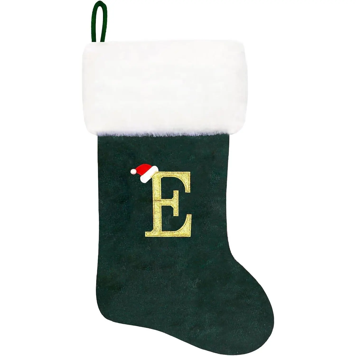 20 Inches Monogram Christmas Stockings Green Velvet with White Super Soft Plush Cuff Embroidered Personalized Decor for Family Xmas Holiday Season (Letter E)