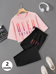 Sporty Women's Letter Print Short Sleeve Crop Tee & Drawstring Waist Sweatpants Sportswear Set, Ladies Sportswear for Indoor Outdoor Wear, Sweatsuit, Sport Casual Outfit