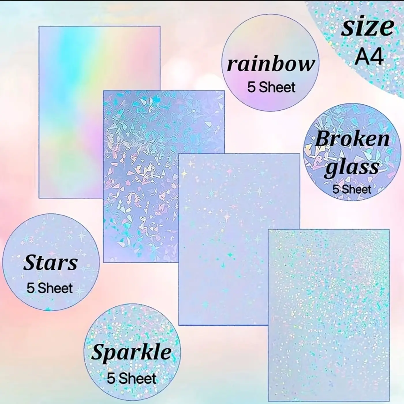 20 Sheets A4 Holographic Cold Lamination Film, 4 Styles Mixed Clear Vinyl, Self-Adhesive, Non-Printable, for DIY Crafts, Stickers, Photos