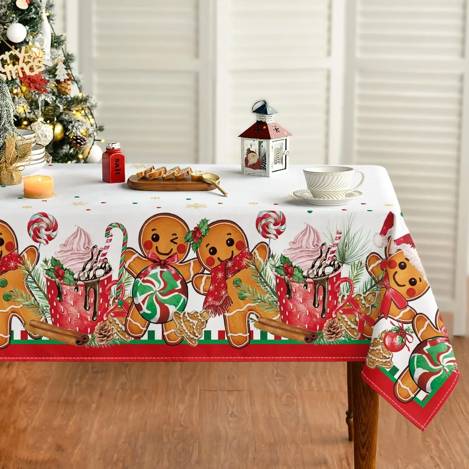 2D Flat Party Tablecloth 1pc, Christmas Rectangular Gingerbread Man, Cute Santa Bear Ball Decor, Polyester, No Power Needed