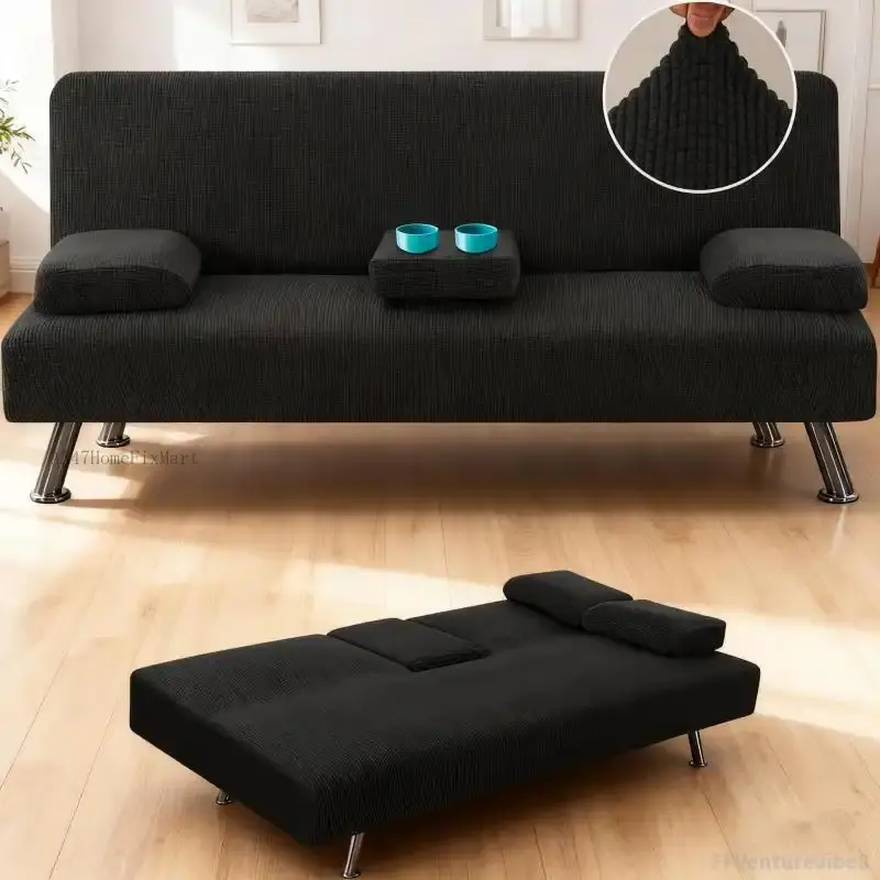 4 Pieces Stretch Futon Covers Sofa Bed Slipcover with Removable Armrests and Cupholders Covers Furniture Protector High Spandex Small Checks Jacquard Fabric, Black FFVentureVibe8AA47HomeFixMart