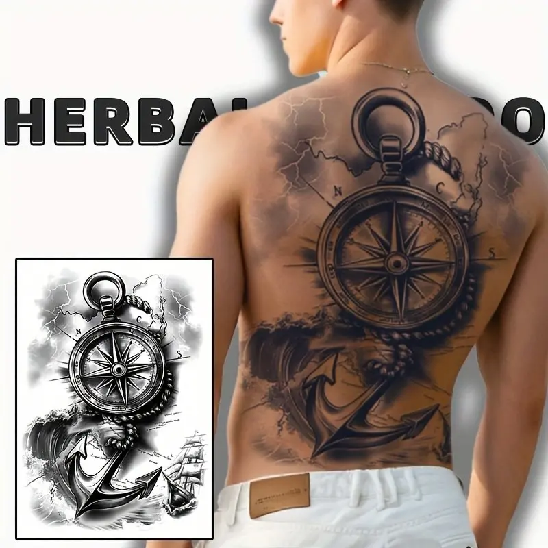 Large Compass Anchor Tattoo Sticker, and Art Style, Lasts 7-14 Days, Unisex, Fashion Body Art, Non-Glare, Cool Realistic Effect