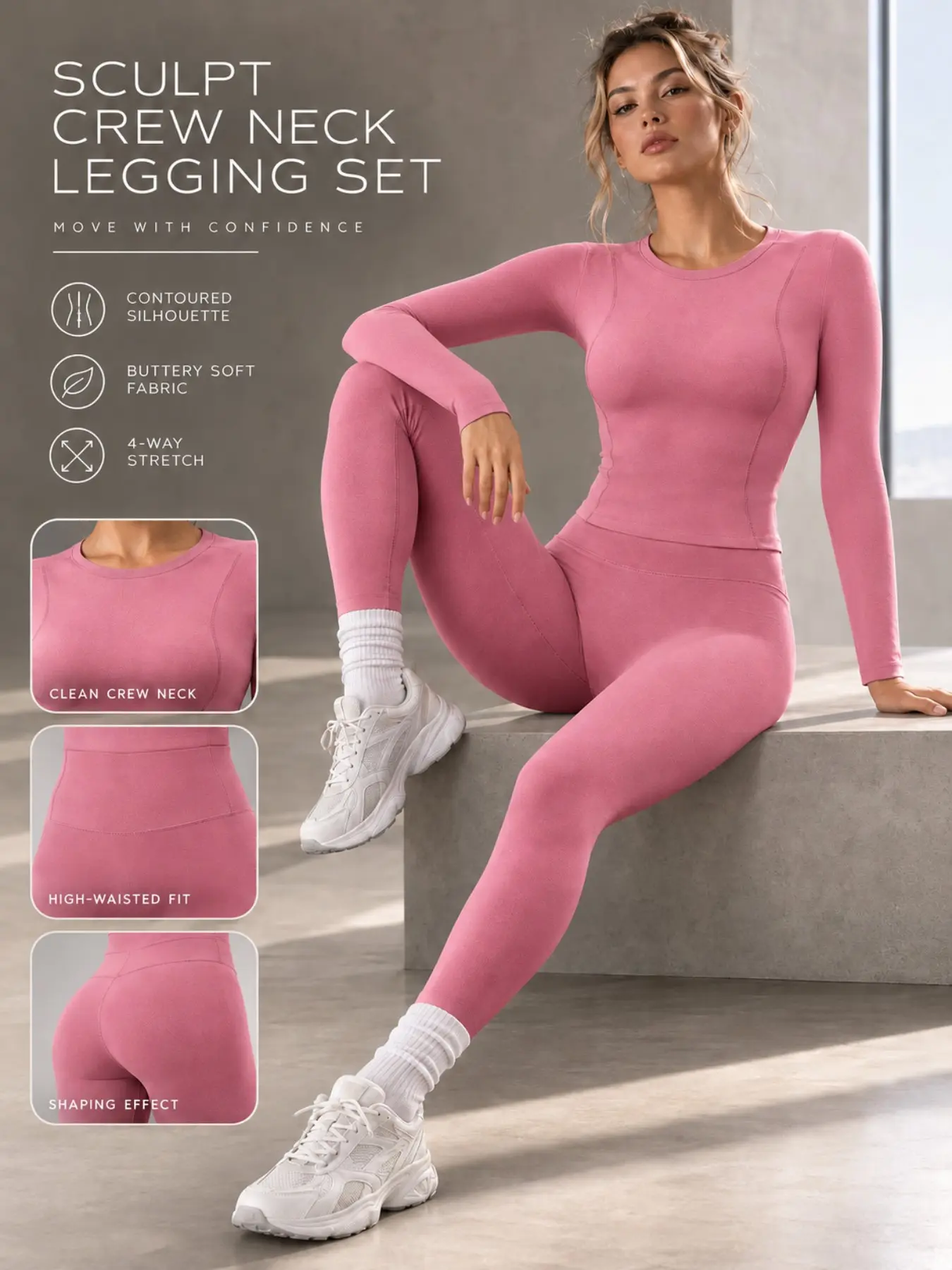 Women 2 Piece Workout Outfit, Crew Neck Basic Slim Long Sleeve T-Shirt & Butt Lifting Skinny Leggings, Fashion Casual Pilates Fitness Daily Suit