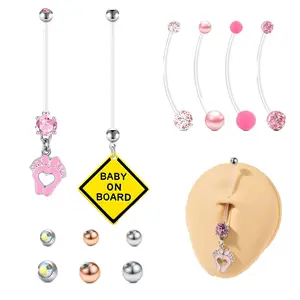 Clear Flexible Plastic Pregnancy Belly Button Rings, Long Bar Maternity Navel Piercing Retainer with Multi-Size Replacement Balls, 18mm/25mm/32mm/35mm/38mm Healing Belly Piercing Jewelry for Pregnant Women