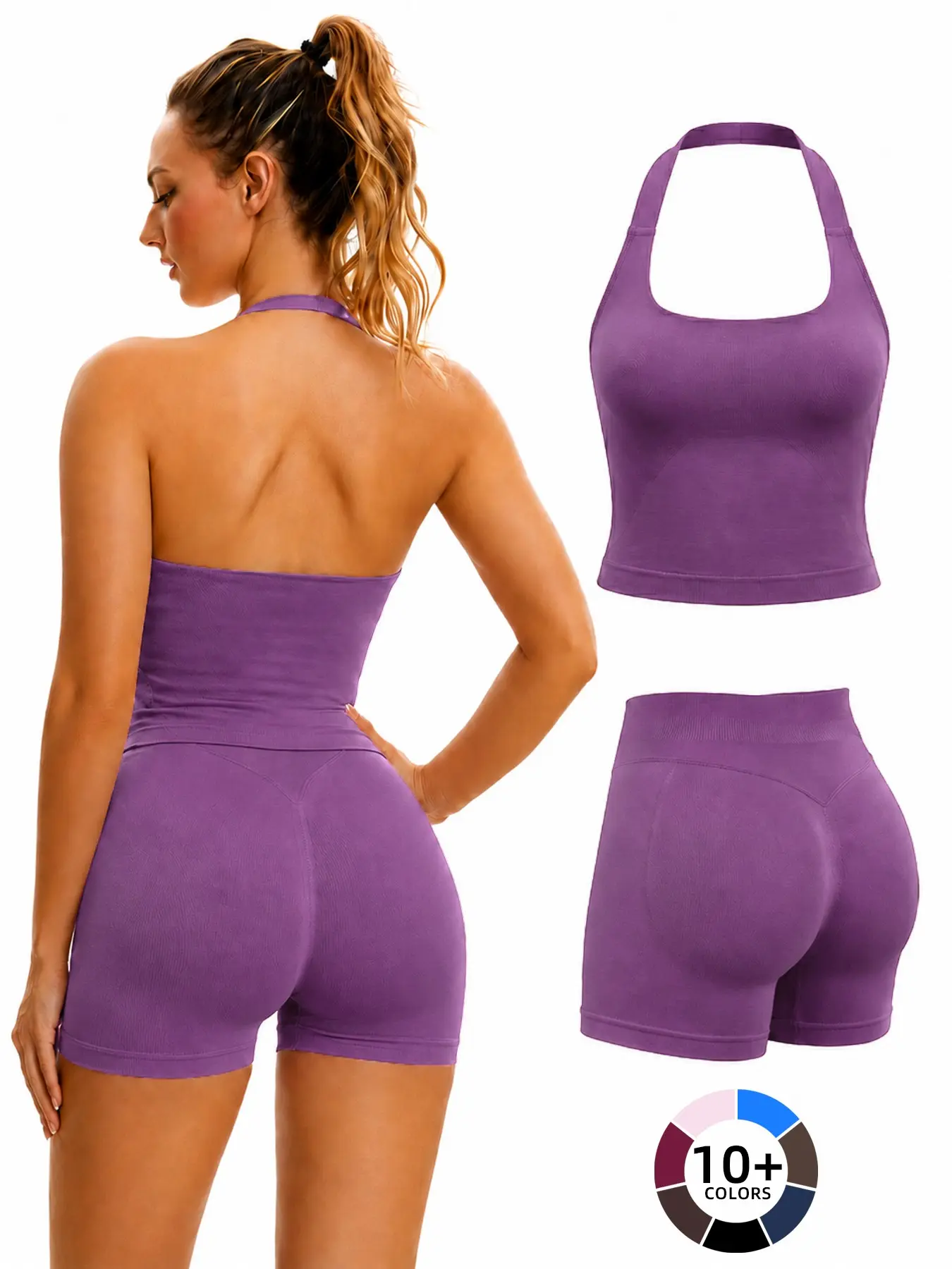Seamless Workout Sets for Women, Halter Tank Top & High Waist Scrunched Gym Shorts, Buttery Soft Breathable Quick Drying Outfits for Yoga Gym Workout Running, Ladies Summer Sportswear