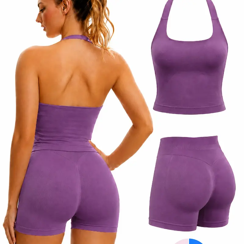 Seamless Workout Sets for Women, Halter Tank Top & High Waist Scrunched Gym Shorts, Buttery Soft Breathable Quick Drying Outfits for Yoga Gym Workout Running, Ladies Summer Sportswear