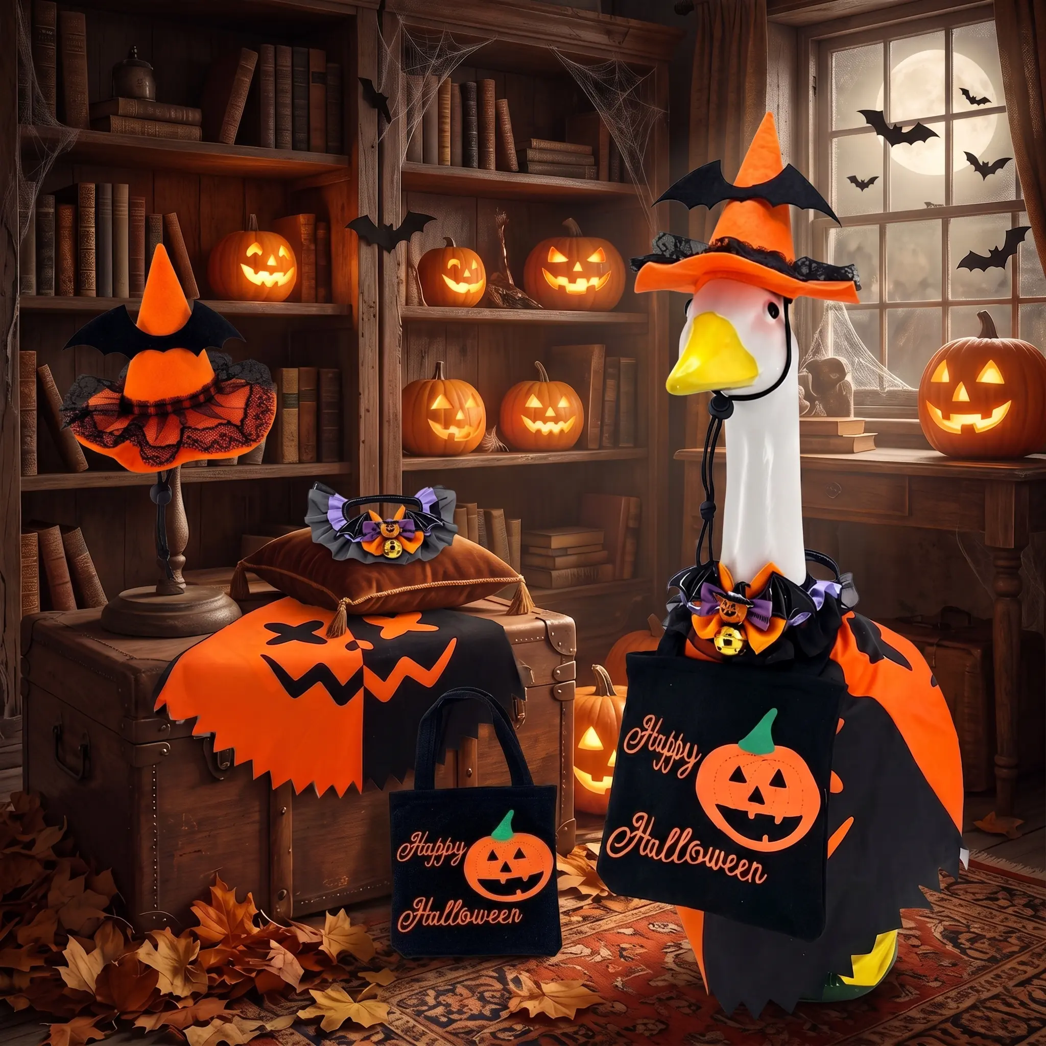 Halloween Porch Goose Outfits for 23"/17" Lawn Statues - Spooky Farmhouse Lace Ornaments, Pumpkin Cape, Bat Witch Hat, Bow Collar, Candy Treat Bag, Fall Party Outdoor Decor Gift