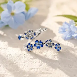 Blue Peach Blossom Beaded Open Ring for Women Elegant Fashion Statement Jewelry