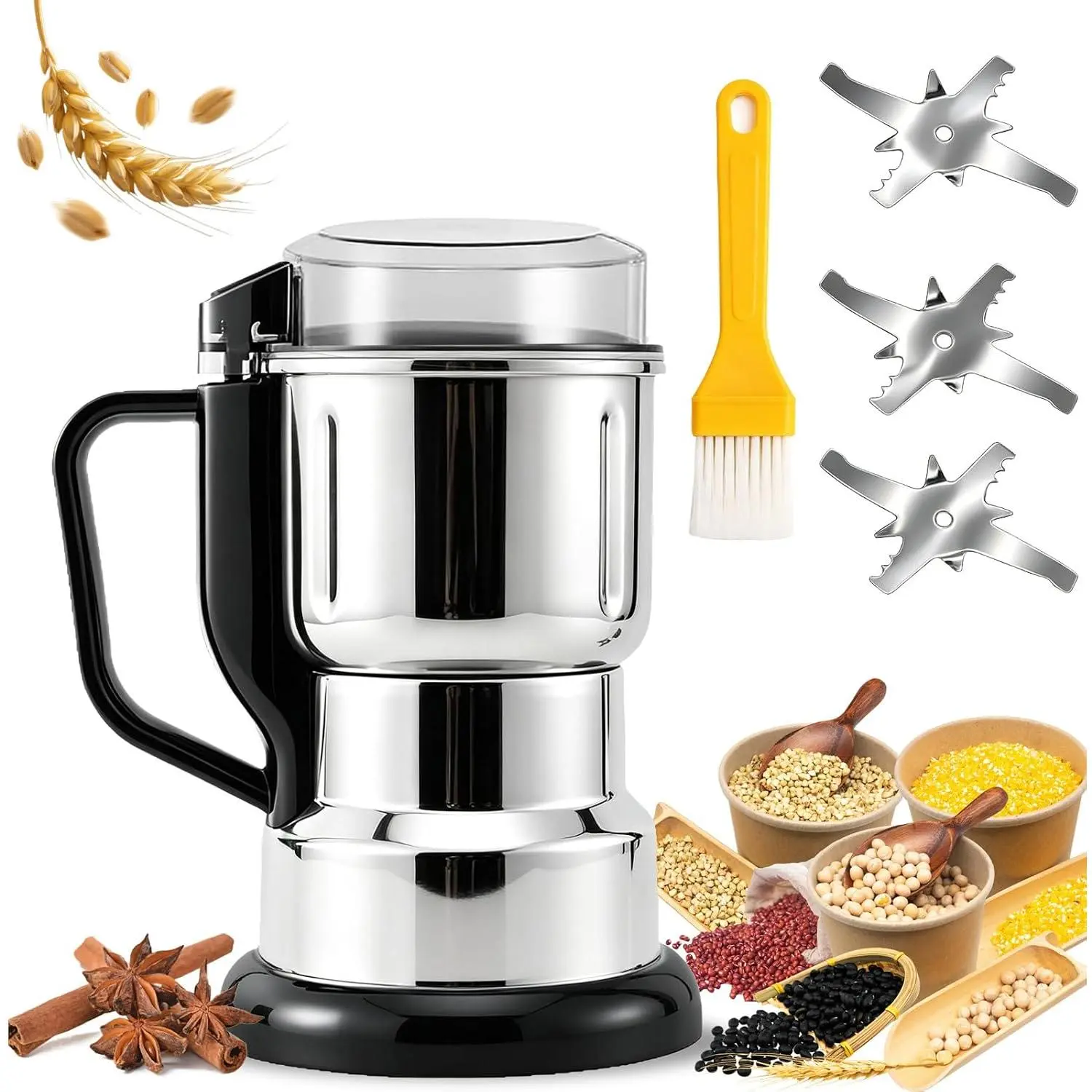 Electric Grain Mill  - 304 Stainless Steel Grain  Flour Mill  for  Fit for Grinding Wheat, Corn, Oats, Millet, Coffee Beans (, 500g)