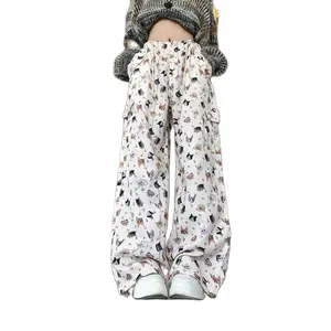Women's Retro Graffiti Design Sense Work Suit Pants 90S Hot Girl Y2K Straight Tube Sports Street Dance Wide Leg Casual Pants