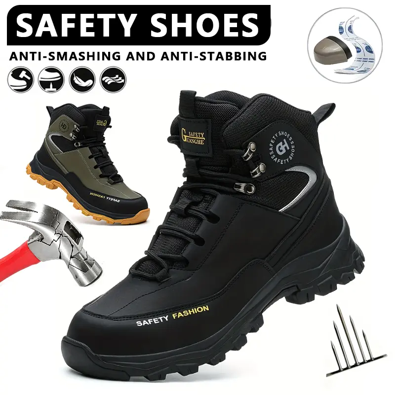 Men Indestructible Steel Toe Work Boots Anti Smash Puncture Proof Safety Shoes Non Slip Waterproof High Top Construction Work Shoes All Season Outdoor Hiking Roofing Industrial Protective Footwear Black Fashion Work Sneakers For Men Daily Wear