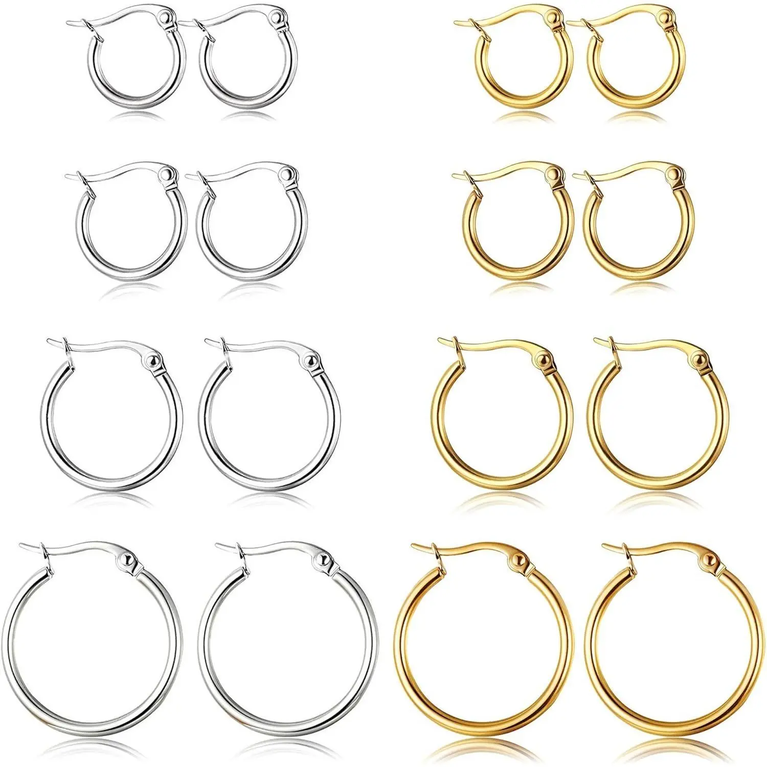 CASSIECA Women's 4-Pair Stainless Steel Earring Stack Set - Hypoallergenic Gold Plated, Silver, Lightweight Classic Hoop Earrings, 10MM-20MM Huggie Hoops Fashion Jewelry Accessories for Summer Sohochic