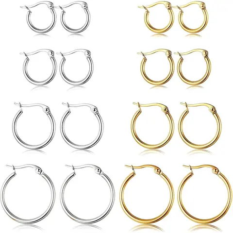 CASSIECA 4Pair Stainless Steel Earring Stack Set Hypoallergenic Gold Plated, Silver, Lightweight Classic Hoop Earrings, 10MM 20MM Huggie Hoops Fashion Jewelry Accessories for Summer Sohochic