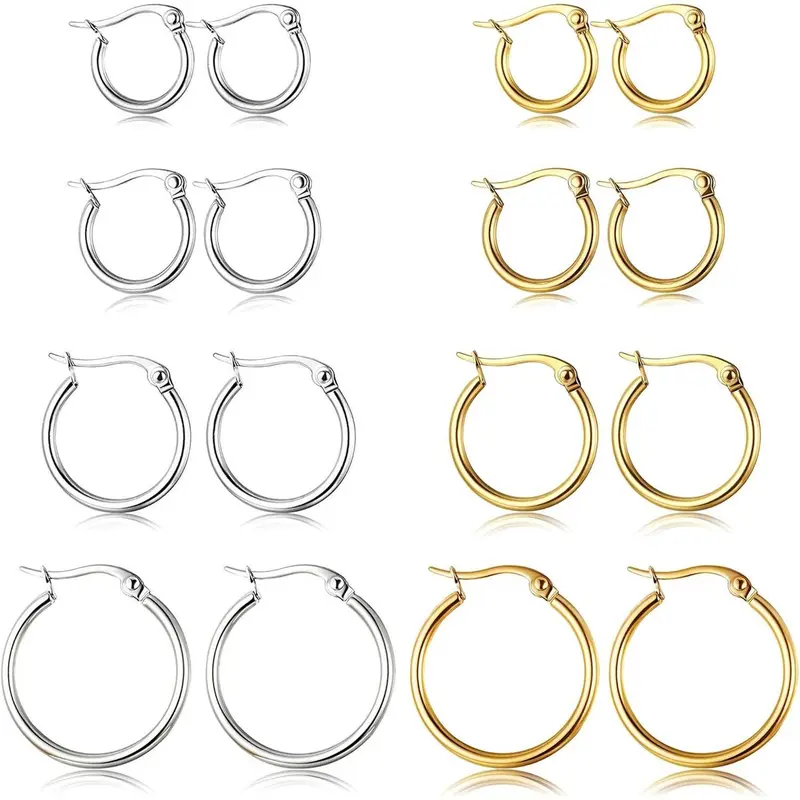 CASSIECA 4Pair Stainless Steel Earring Stack Set Hypoallergenic Gold Plated, Silver, Lightweight Classic Hoop Earrings, 10MM 20MM Huggie Hoops Fashion Jewelry Accessories for Summer Sohochic