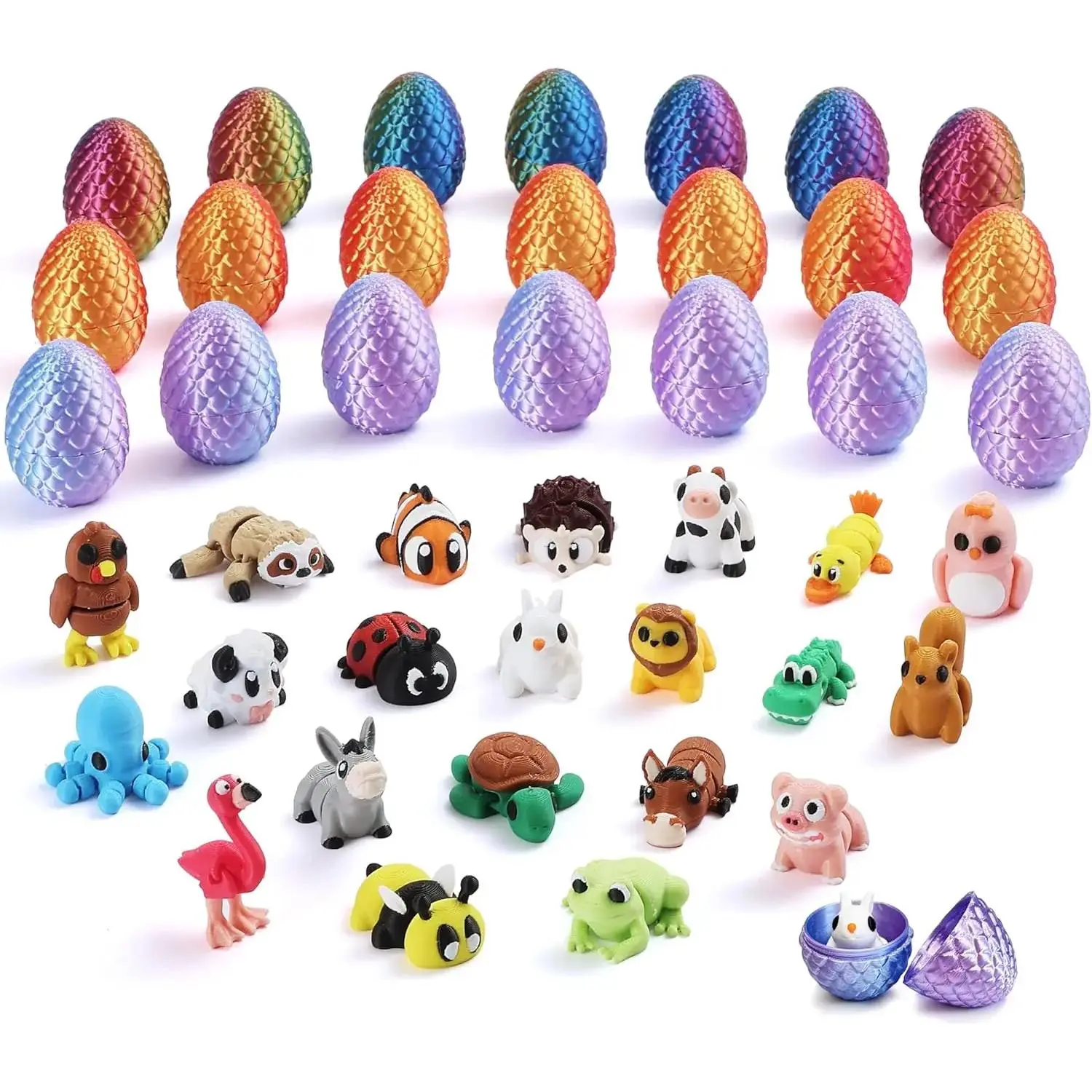 3D Printed Mini Animals Easter Eggs Pre Filled Easter Eggs Bulk with Toys, Easter Basket Stuffers for Kids, 3D Easter Egg Hunt Supplies, Birthday Party Favors, Easter Basket Essentials Gifts
