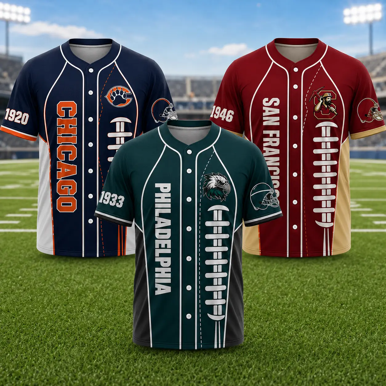 Unisex Football Themed Button‑Up Baseball Jersey, Short Sleeve Sports Fan Apparel, Casual Game Day Top, All Team Inspired Graphic Jersey for Sports Events