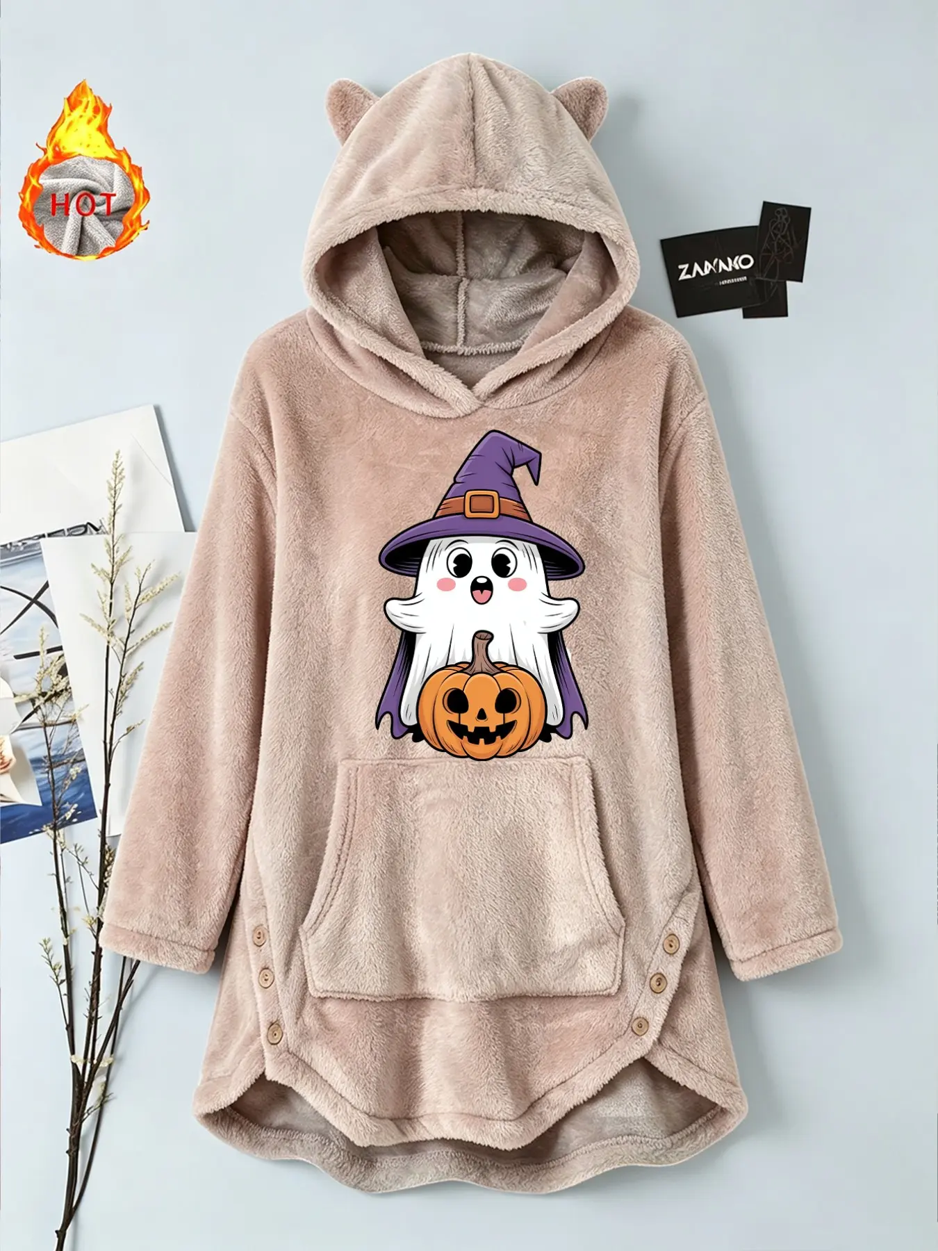 Halloween Ghost Pumpkin Print Cat Ears Fleece Hoodie, Side Button Split Thick Hooded Sweatshirt, Cozy Fall & Winter Outerwear