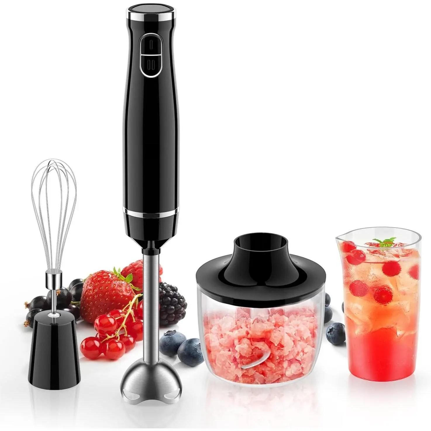 450W Immersion Hand Blender, 4-in-1 Multifunctional 2 Speed Stainless Steel Handheld Stick Blender, Titanium  , 600ml Mixing Beaker and 500ml  Processor, Dishwasher Safe, Black