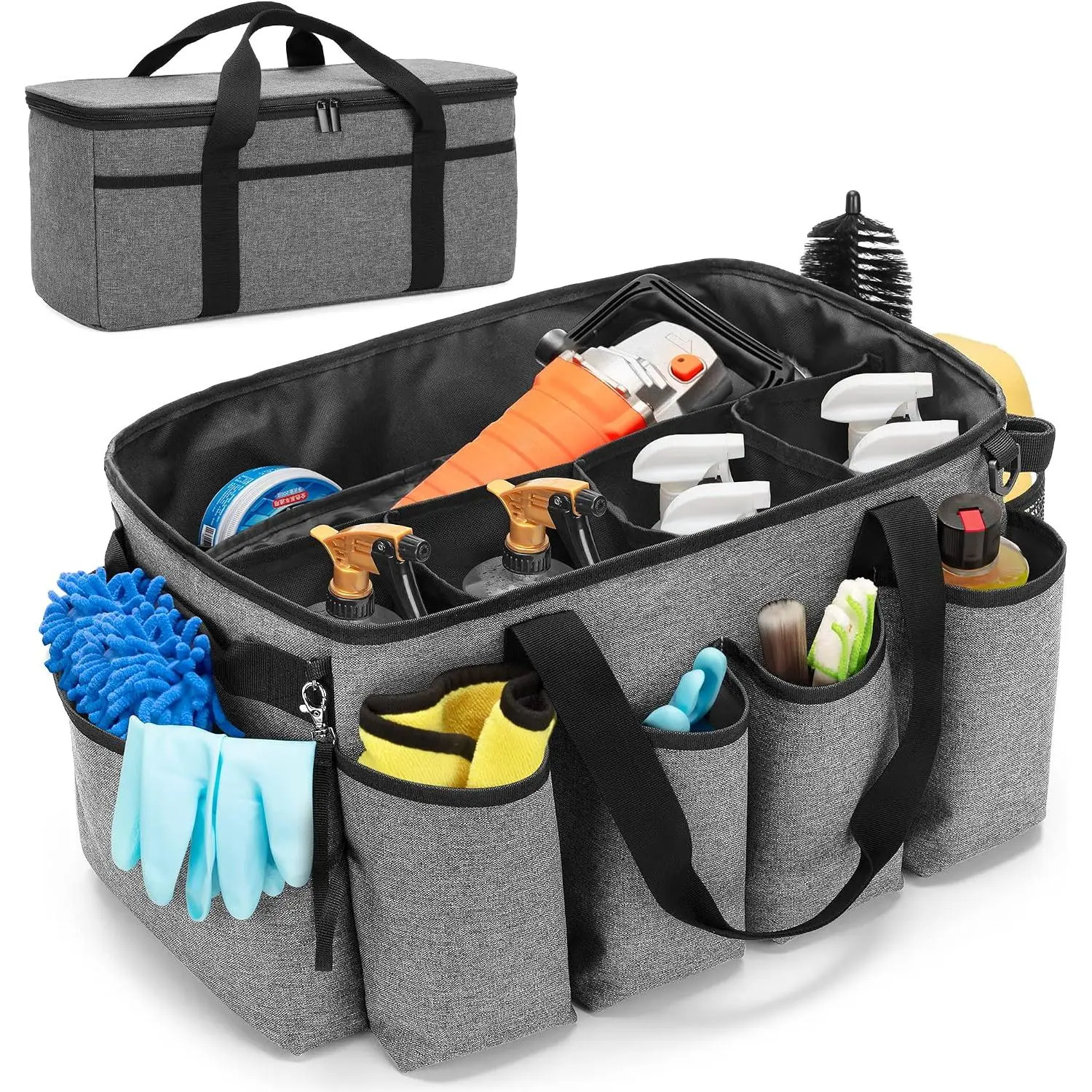 Detailing Bag with Polisher Carry Bag for Buffer Bottle Towel | Large Detail Care Box for Auto Detailing Supplies,  Wash  & Trunk Organizer for Cleaning Kit, Gray,  Design