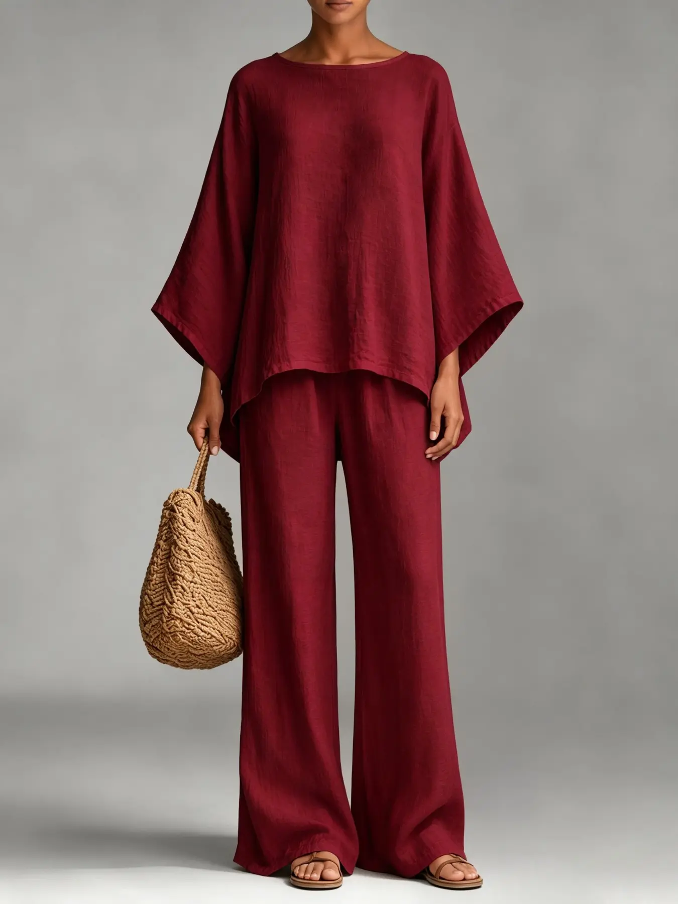 D2470 Women Minimalist Casual Loose Co Ord Athleisure Set Batwing Sleeve Asymmetrical Hem Top High Waist Flowy Wide Leg Palazzo Pants Trendy Streetwear Matching Outfit