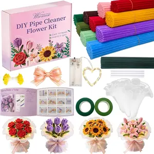 600 count Rainbow Pipe Cleaner Flower Kit with LED Fairy Lights,Chenille Stems for Pipe Cleaners Craft,Tutorial Book & Video,Pastel Pipe Cleaners Bulk DIY Craft for Adult &
