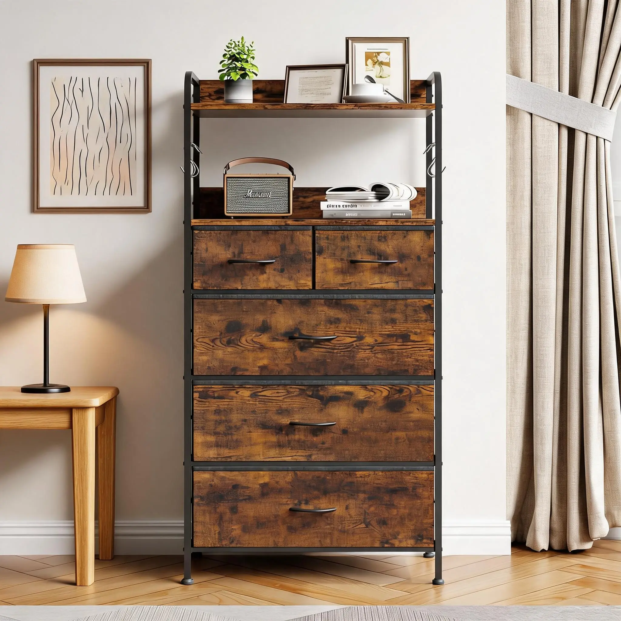 【Back to School】Garvee Tall 5‑Drawer Fabric Dresser For Bedroom, Sturdy Metal Frame With Wood Top, Equipped With Open Shelf And Hooks, Space‑Saving Storage Cabinet For Hallway Closet Living Room