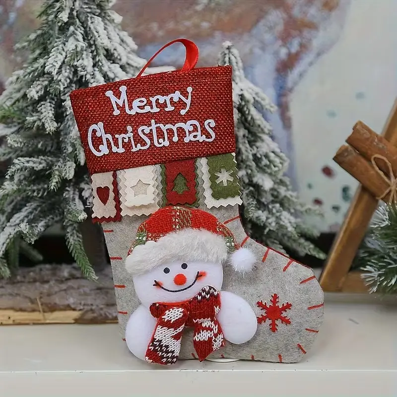Christmas Decorative Stocking, 3D Figurine for Hanging, Snowman Claus Design, Merry Christmas Embroidery, Fireplace & Gift Storage