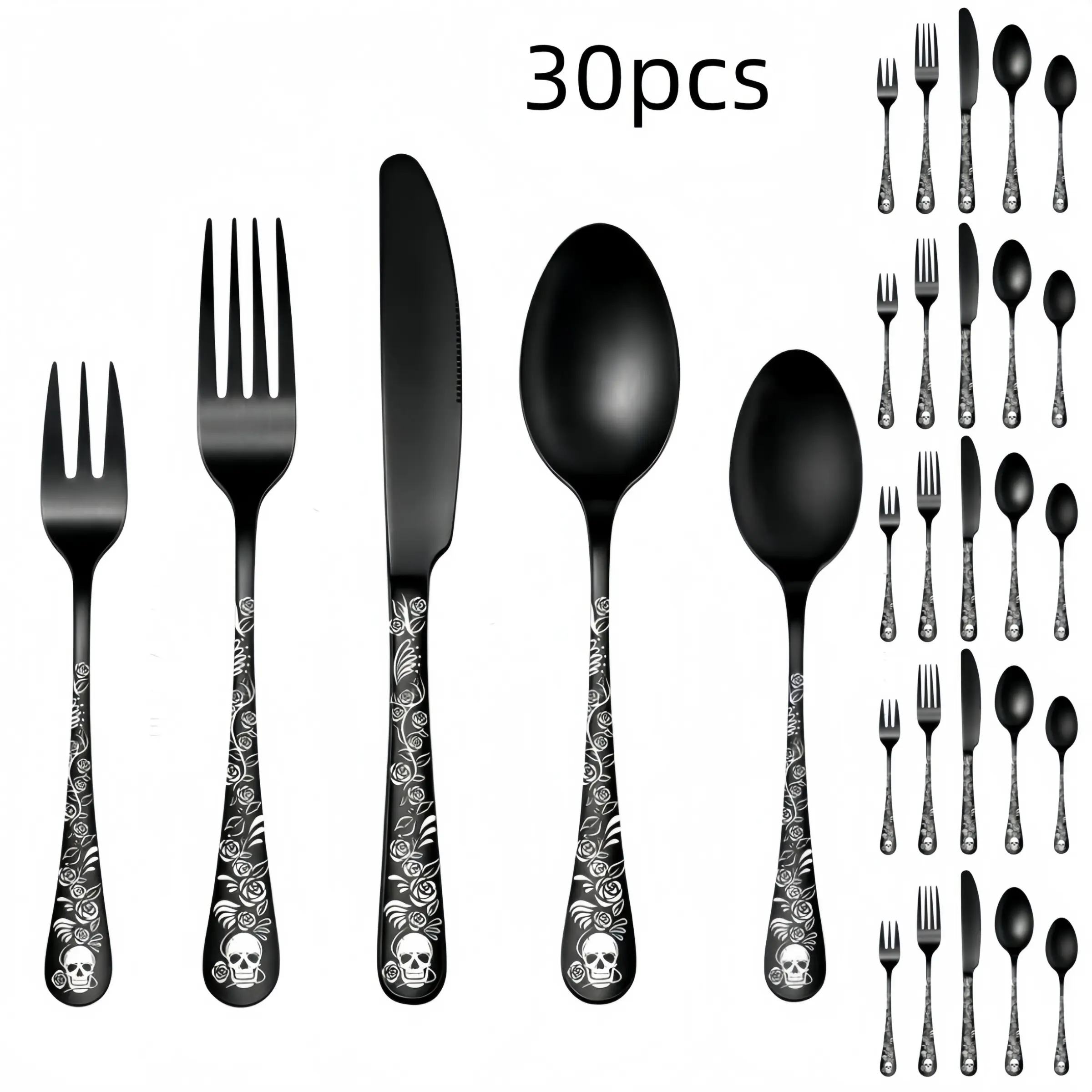 30-Piece Skull and Rose Pattern Cutlery Tableware Set, Includes Spoons, Forks, Knives, Food-Grade Material, Perfect for Halloween and Wedding Parties