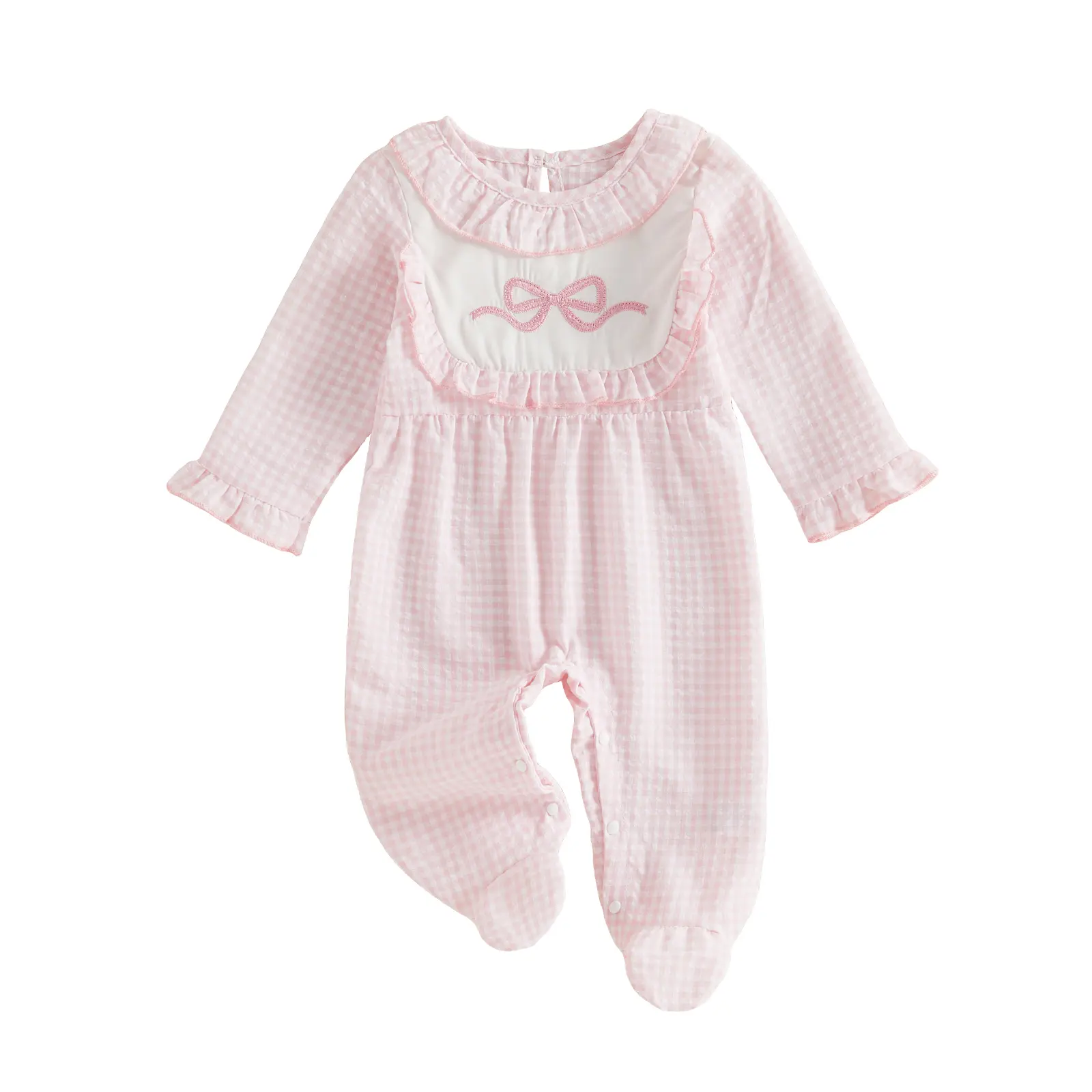 Newborn Baby Girl Footed Romper Adorable Bow Embroidery Long Sleeve Plaid Jumpsuit Fall Winter 0-6 Months