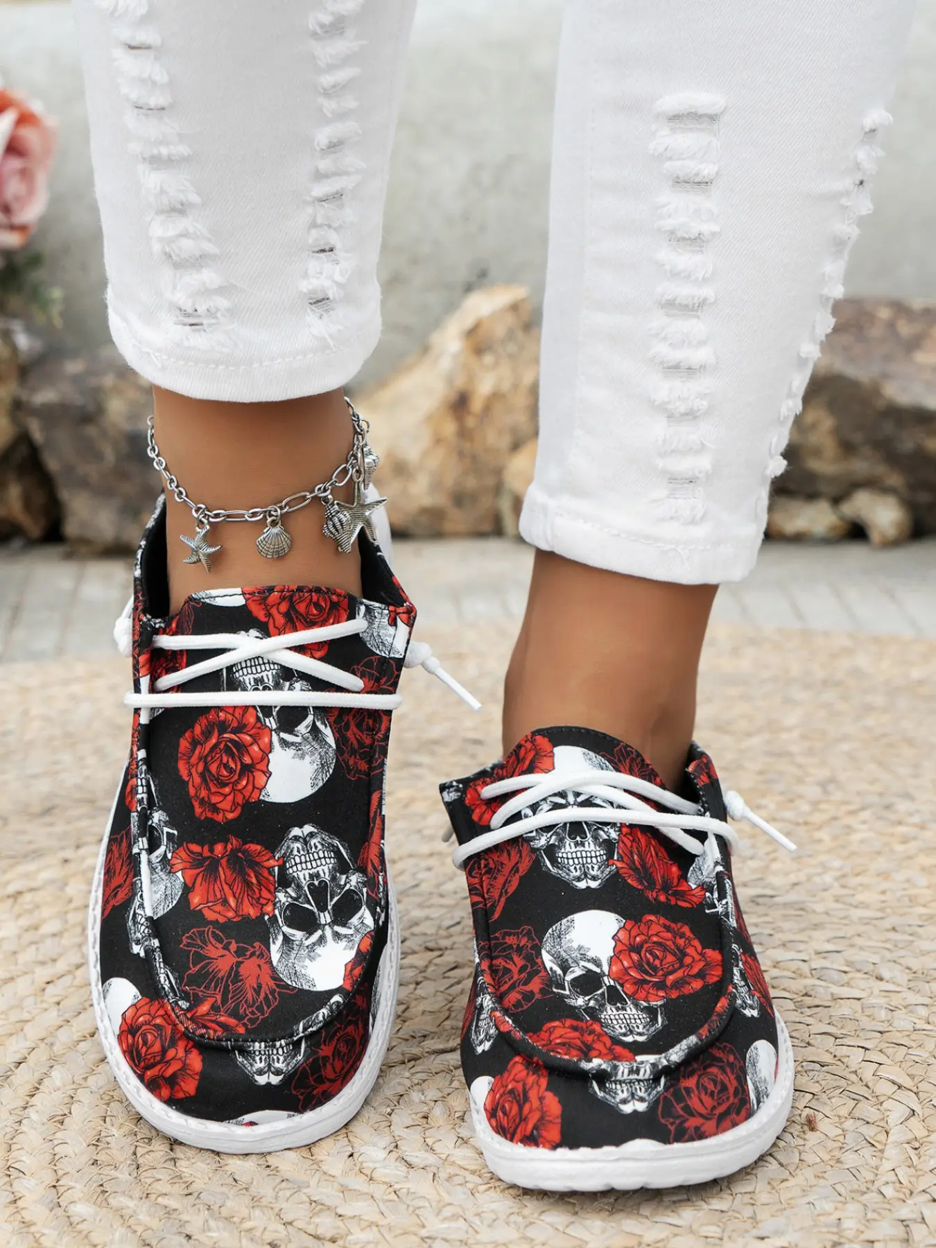 2026 New Women's Halloween Skull Rose Pumpkin Fairy Print Slip-On Shoes, Comfortable Lightweight Flat Casual Shoes, Fashionable Plain Bottom Footwear
