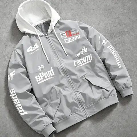 Men's High Street Trendy Racing Jacket, Hooded Long Sleeve Casual Jacket for All Seasons, Perfect for Shopping and Outdoor Activities