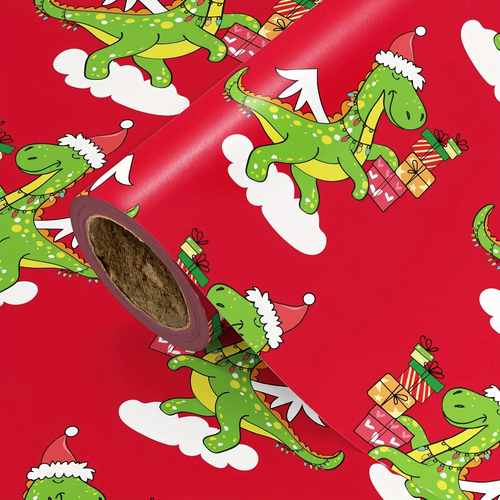 Christmas Wrapping Paper Roll, Base Cartoon Dinosaur Pattern, Ideal for Parties, Decorations, Gift Wrapping, 43cm X 500cm