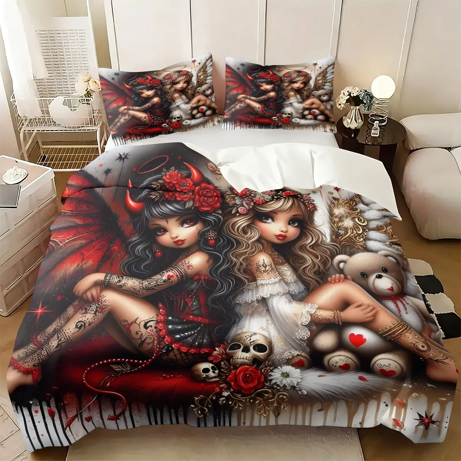 Gothic Angel Devil Twin Girls Duvet Cover Set, Dark Tattoo Girl Skull Red Rose Bedding, Edgy Halloween Goth Aesthetic Teen Bedroom Decor, Unique Gift for Emo Goth & Dark Fantasy Art Lovers（ 1 Comforter Cover + 1 or 2 pillowcases, no filling.）