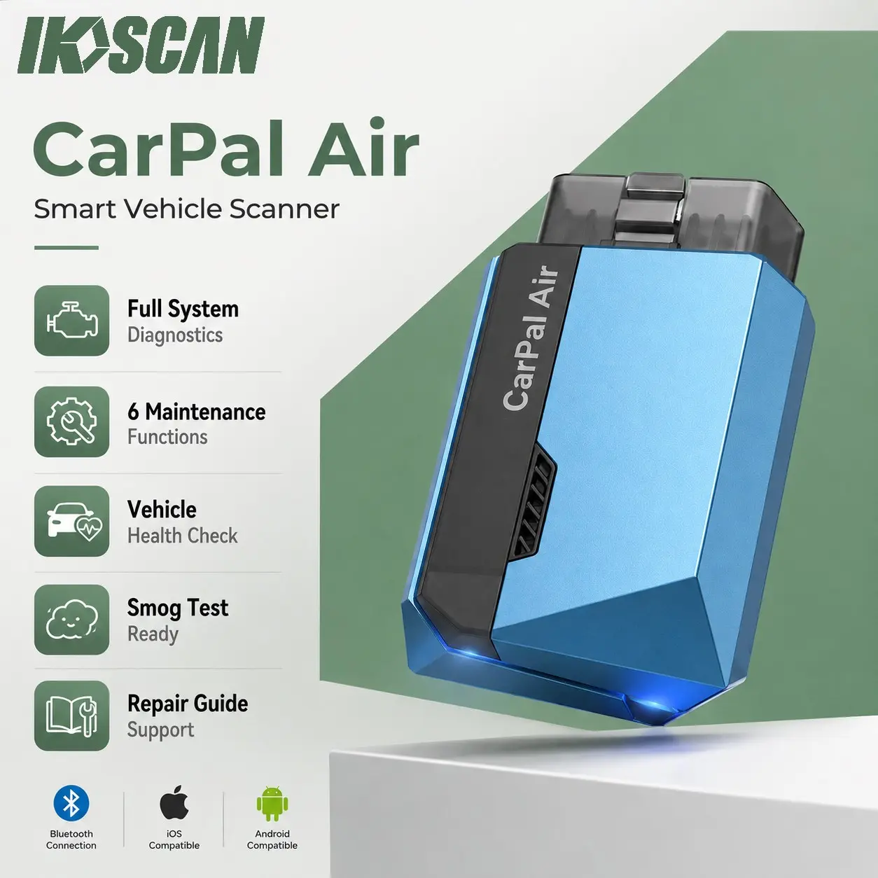 Ikoscan Carpal Air Bluetooth-compatible Obd2 Scanner, Vehicle Diagnostic Scanner, Vehicle Diagnostic Tool, Smart Diagnostic Scanner, Compatible with iOS & Android, Vehicle Health Check, Emission Test, 6 Maintenance Functions