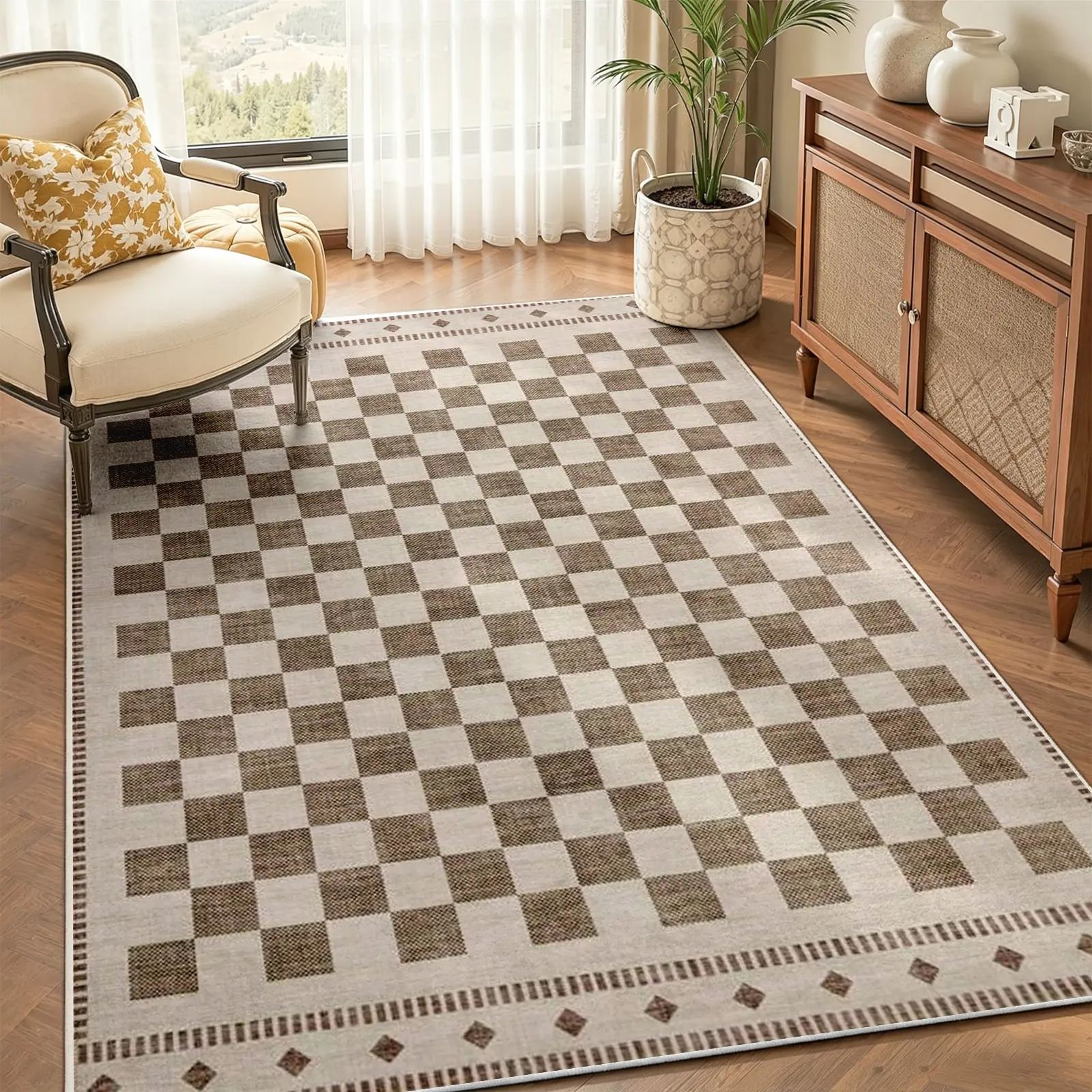 Modern Farmhouse Faux Wool Checkered Indoor Area Rug, Cream-Brown Geometric Grid Carpet, Soft Non-Slip Machine-Washable Low-Pile Stain-Resistant Floor Covering, Multi-Size Decor for Living Room Bedroom