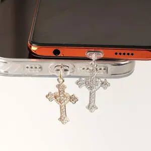 Love Cross Phone Dust Plug | Stylish Alloy Pendant with Sparkling Crystal Decorations, Compatible with Type-C Models, Durable Metal Additions, Fashionable Phone Additions