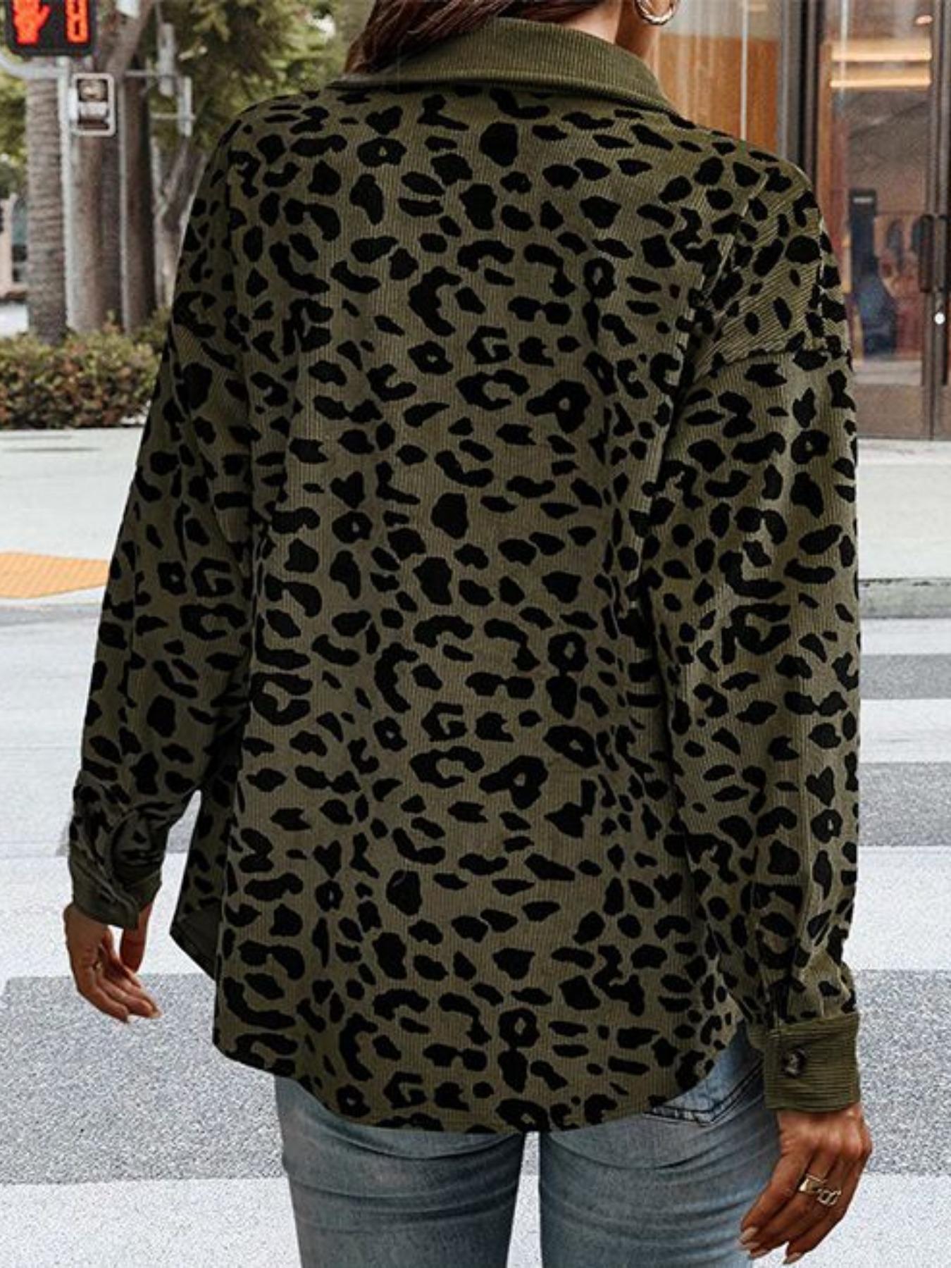 Women's Leopard Print Button Front Drop Shoulder Shirt Coat, Casual Long Sleeve Collared Pocket Blouse for Daily Wear, Ladies Clothes for All Seasons