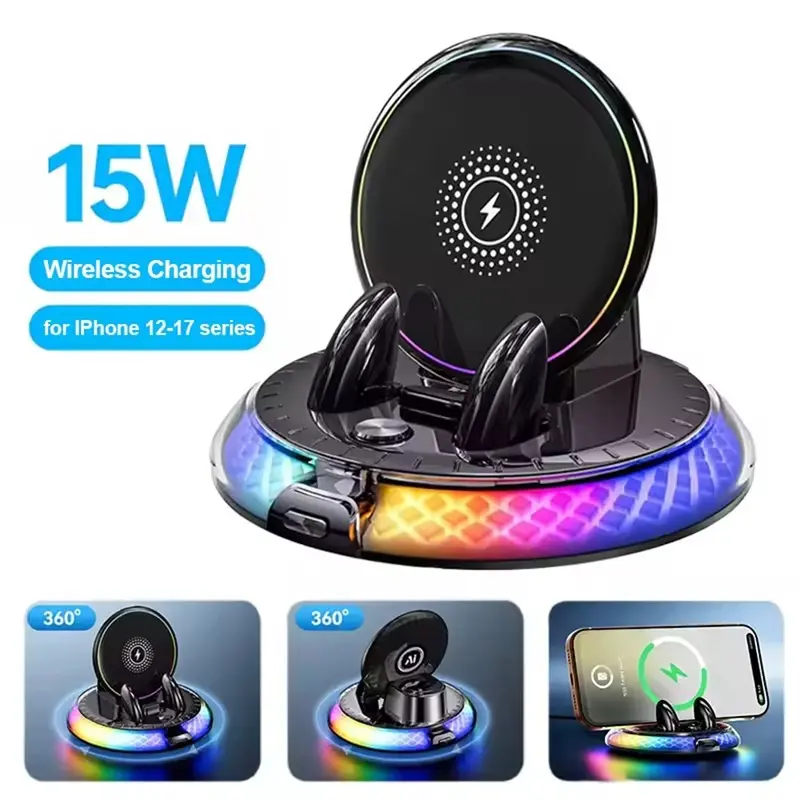 RGB Wireless Car Phone Holder, 360 Rotating Auto Lock, Stable Vacuum Base, Universal Fit for All Smartphones, Dashboard & Windshield Mount