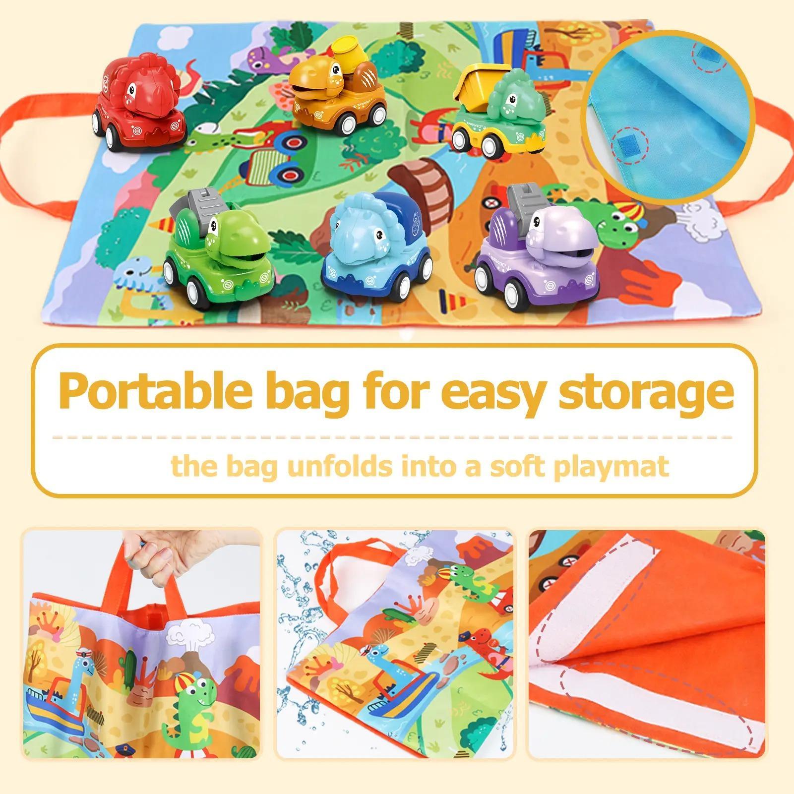 Dinosaur Design Inertia Car Toy, 6 Counts/set Friction Power Engineering Vehicle Toy with 2 in 1 Game Mat Storage Bag, Birthday Gift for Children