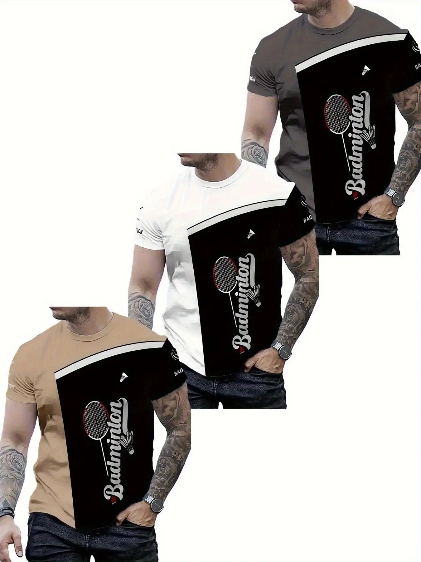 3-Pack Men's Badminton Print T-Shirts, Casual Loose-Fit Long Sleeve, Multiple Colors, Ideal for Outdoor Activities
